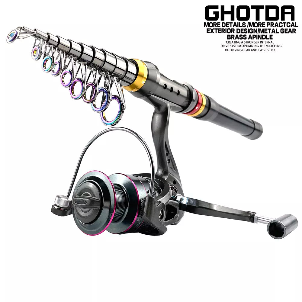 1.8-3.6m Carbon Fiber Spinning Fishing Rod 5.2:1 Fishing Reel Combo Telescopic Fishing Pole Spinning Reel Kit Pesca