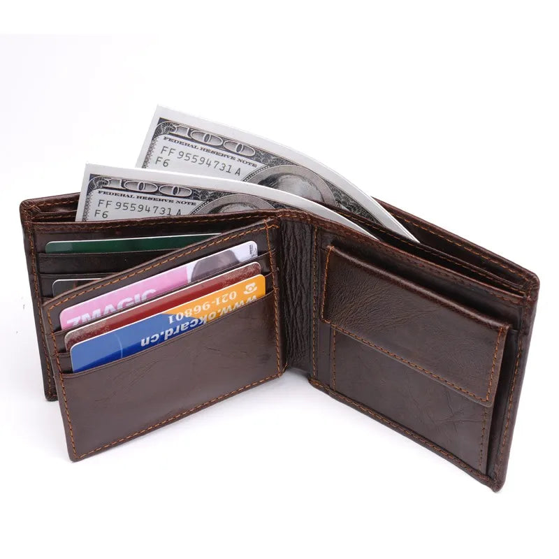 100% Genuine Leather Men's Wallet New Brand Purse for men Black Brown Bifold  RFID Blocking leather Wallets coin pocket Gift Box