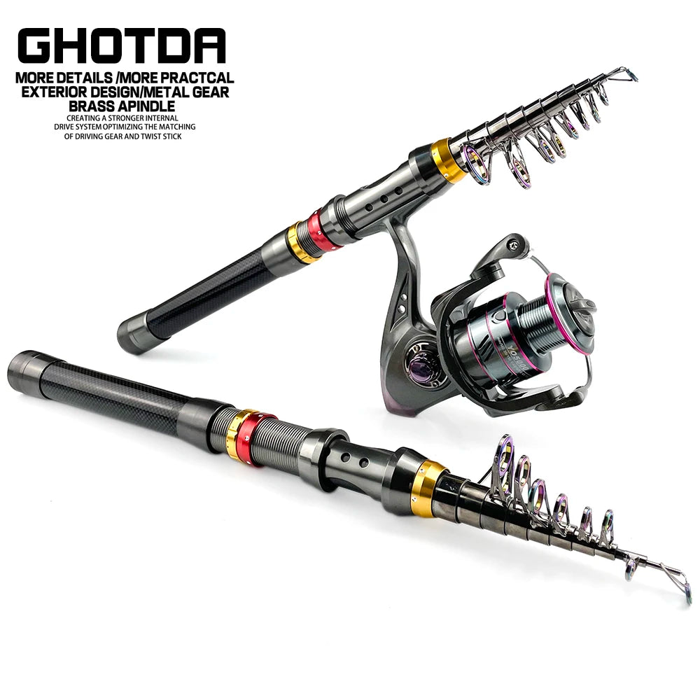 1.8-3.6m Carbon Fiber Spinning Fishing Rod 5.2:1 Fishing Reel Combo Telescopic Fishing Pole Spinning Reel Kit Pesca