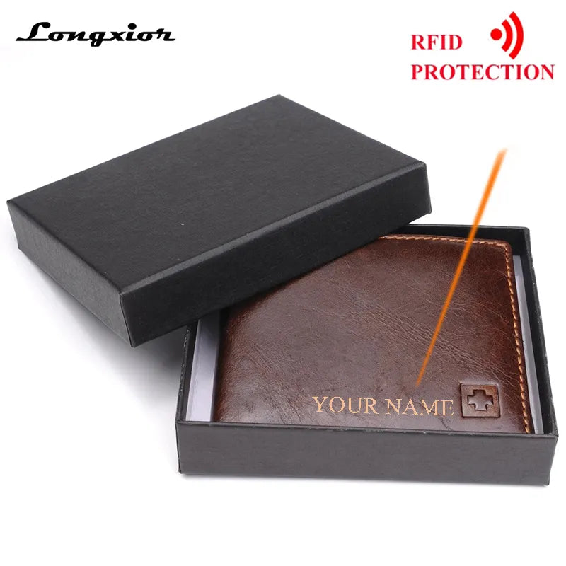 100% Genuine Leather Men's Wallet New Brand Purse for men Black Brown Bifold  RFID Blocking leather Wallets coin pocket Gift Box